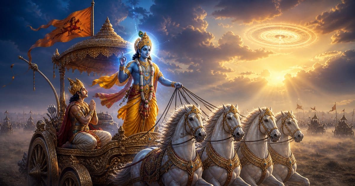श्रीमद्भगवद्गीता — कुरुक्षेत्र में श्रीकृष्ण और अर्जुन का चित्रण